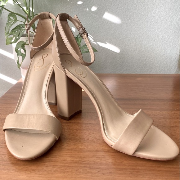 Sam Edelman Yaro Block Heel Sandals Beige Taupe Tan Nude Leather Size 10 - Picture 2 of 11